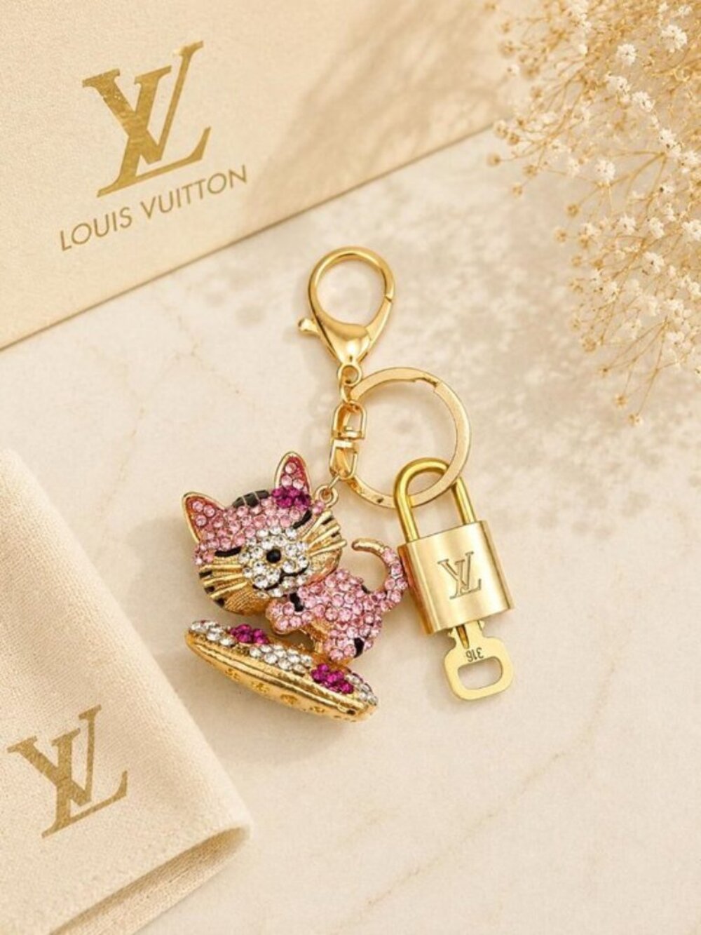 Louis Vuitton Gold Padlock Key 🔒 Authentic LV Charm + Unbranded Cat Keychain